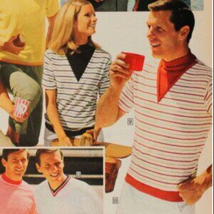 Vintage 1960s Yellow Mock Neck V Neck T-Shirt with Striped Detail